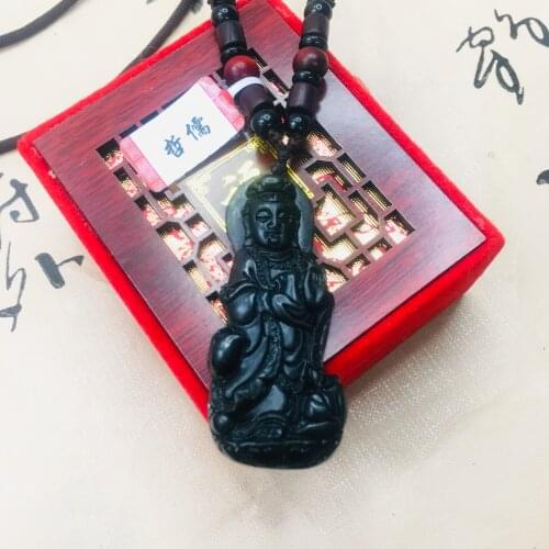 Zheru natural and Tian Moyu carved station Guanyin amulet pendant with wooden beads necklace men and women sweater chain