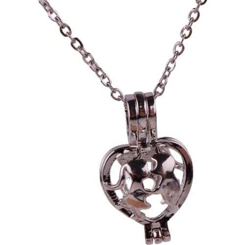 10pcs Copper heart love kiss Beads Cage Essential Oil Diffuser Perfume Pearl Cage Locket necklace 45cm stainless steel chains