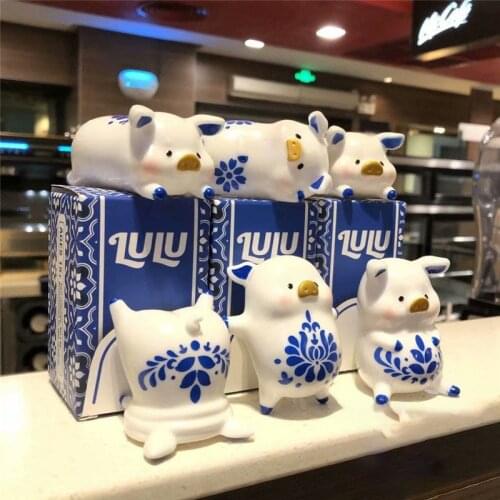 6PCS/SET LULU PIG Blue and White Porcelain Blind Box Figure Model Ornaments Ceramic Cicistory Canned Pig Toy Memorial Gift A14