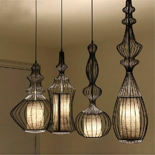 American Birdcage Pendant Lights Bar Lamp Retro Nordic Living Room Restaurant Bedroom Hanging Lamps Iron Fabric Shade Fixtures