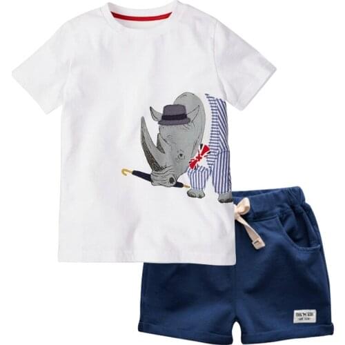 BINIDUCKLING Summer Child Boys Cotton Clothes Set O-Neck Cartoon Printed Short Sleeve T-shirt+Shorts 2PCS For Kids Boys Outfit