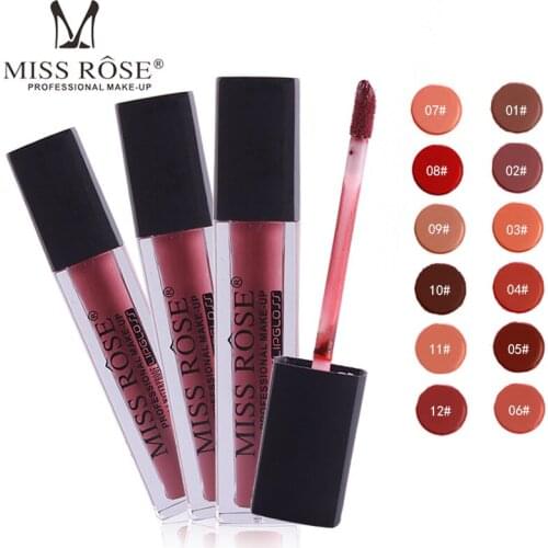 MISS ROSE 12 Color Lip Gloss Square Tube Dumb Black Cover Not Easy To Stick Cup Not Easy To Fade Waterproof Makeup Cosmetic Gift