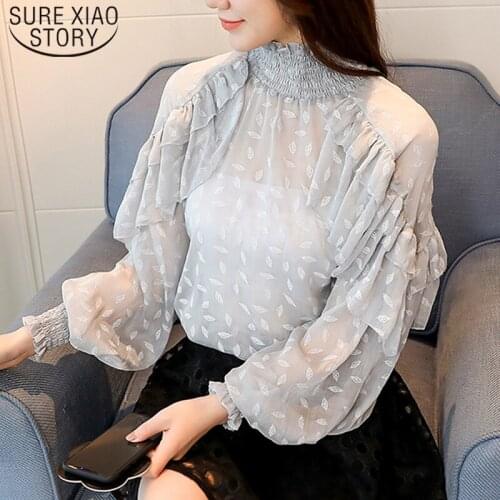 Blusas Mujer De Moda New Autumn Fashion Print Chiffon Women Blouses and Tops Long Lantern Sleeve Loose Slim Women Shirts 6455 50