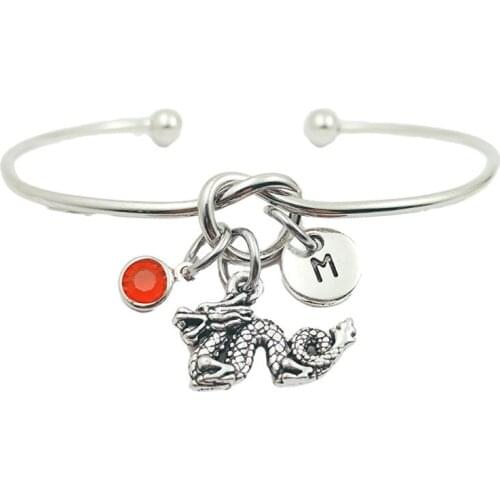 China Style Dragon Creative Initial Letter Monogram Birthstone Adjustable Bracelet Fashion Jewelry Women Gift Pendant