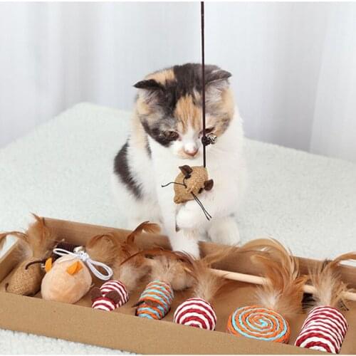 Cartoon Pet Cat Teaser Toys Feather Wood Rod Mouse Toy With Mini Bell Cat Catcher Teaser Wooden Stick Cat Interactive Toys