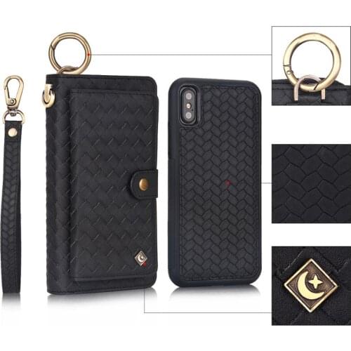 POLA For iphone 11 Pro 6 6s 7 8 plus X Xs MAX XR Case Luxury Woven pattern zipper Business Leather Magnetic Wallet Split Cover