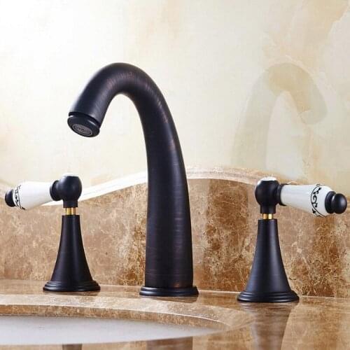 Black Oil Rubbed Bronze Double Handles 3 Holes Install Widespread Deck Mounted Bathroom Sink Basin Faucet Sink Mixer Tap mhg082