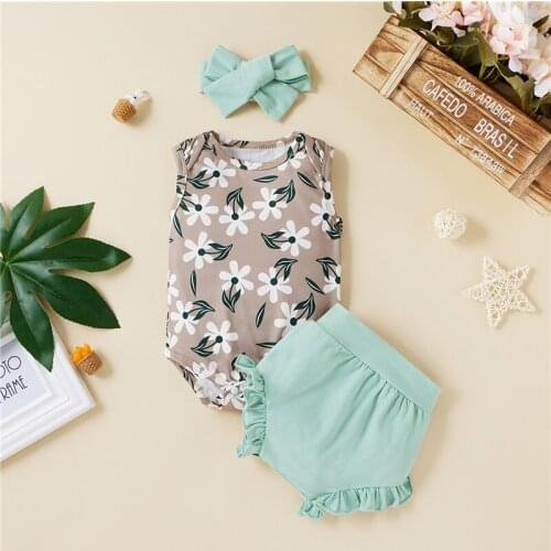 Newborn Baby Girls Fashion 3-piece Set Sleeveless Print Romper+Soldi Color Shorts+Headband Summer Outfits for 0-12 Months