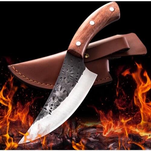 Forged Boning Knife Scimitar Kitchen Knife Cover Sheath Hammered High Carbon Butcher Cleaver Home Camping Slicing Chef Knives