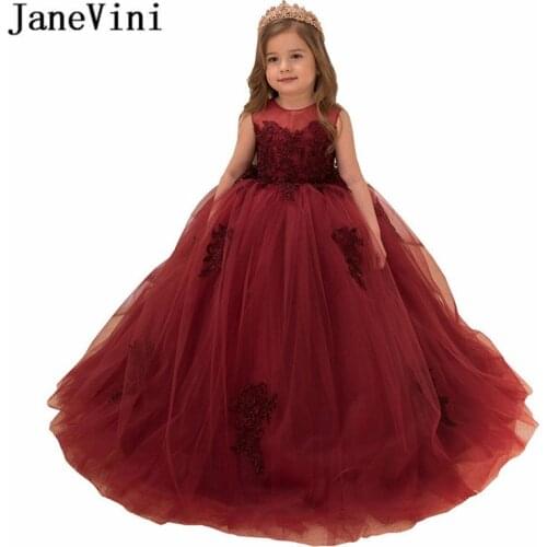 JaneVini Lovely Girls Ball Gown Burgundy Lace Appliqued Fancy Flower Girl Dresses Long Fluffy Tulle Kids Wedding Party Dress