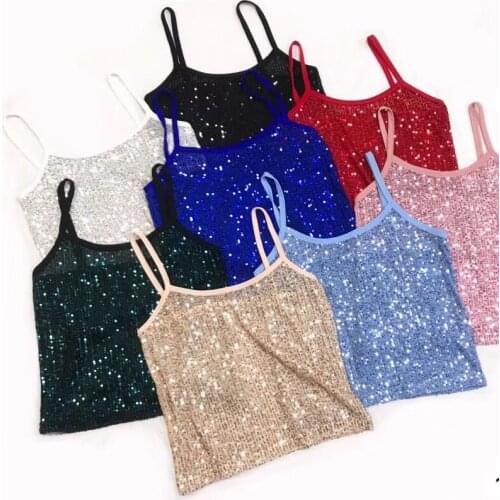 Sequined Shinning Elasticity Camis Crop Tops Girls 2020 Spring Summer Sexy Fashion Sleeveless Tshirts Tanks For Women
