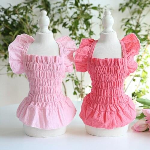 Flying Sleeve Dog Dress Pleated Waist Pet Skirt Summer Cat Thin Costumes Princess Puppy Girl Clothes for Small Medium Dogs Pink