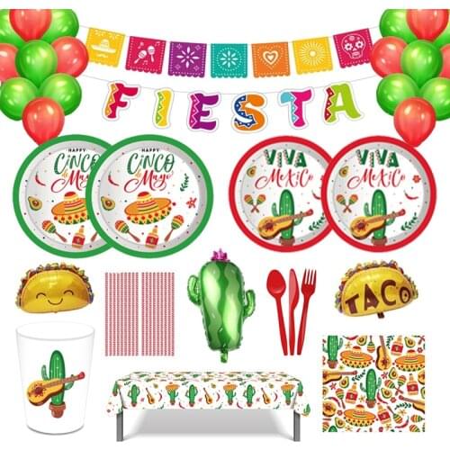 Mexico Fiesta Cactus Theme Party Disposable Tableware Paper Plates Cup Napkins Taco Balloon Mexican Party Favors Decor Supplies