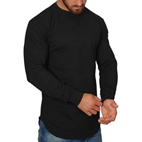 Men Long Sleeve Solid T-Shirts Irregular Curved Hem Loose O Tee HipHop Shirts Streetwear Casual Tops Oversize Basic Tee