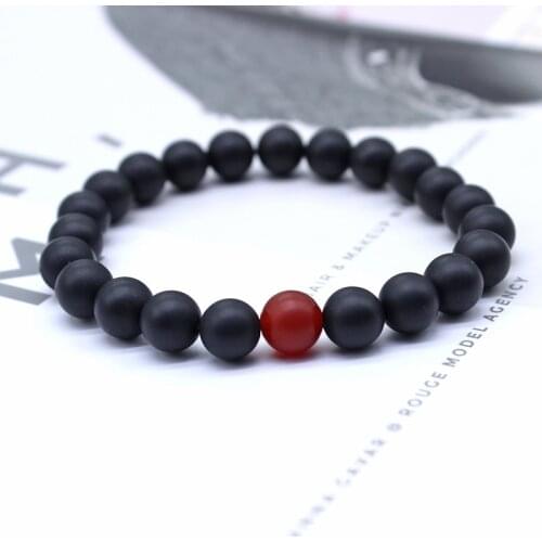 Fashion Charm Black Natural stone Mens Bracelets Red Lucky Onyx Matte stone Bracelets for men & women wholesale