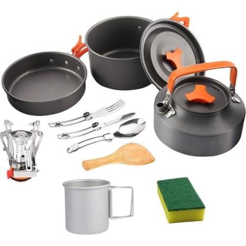 Outdoor Picnic Cookware Set Supplies Cooking Gas Stove Kettle Pan Pot Fork Spoon Kit Travelling Hiking Camping Tableware