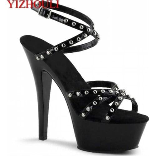 New fashionable black rivet 15 cm high heels, platform pole dance/performance/banquet wedding sandals