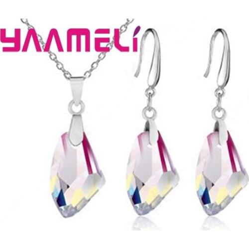 NEW 925 Sterling Silver Jewelry Sets Geometric Austrian Crystal Pendant Necklace Hook Earwire Earrings Wedding Accessory