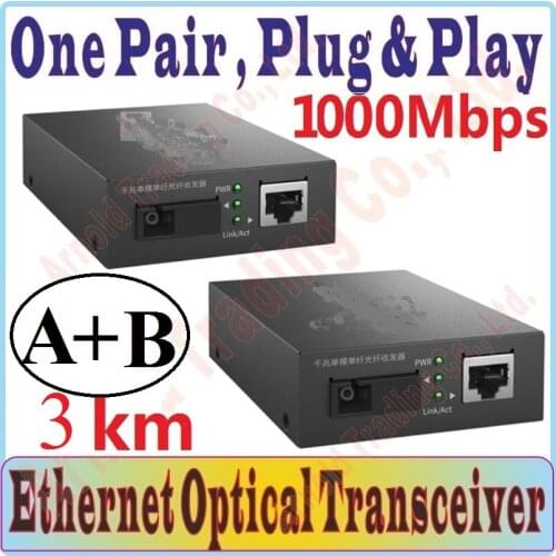 3km Single mode Optical Fiber Transceiver & Receiver, 1250Mbps SC port, 1000Mbps RJ45 Port, RX/TX:1550nm,RX/TX:1310nm, Plug&Play