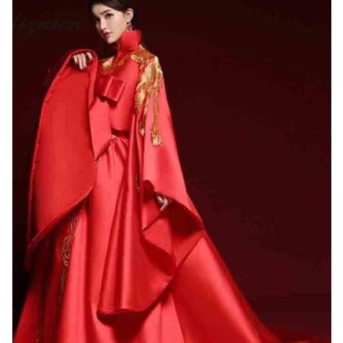 Oriental Style Red Host Gown Tailing Long Cheongsam Modern Bride Embroidery Qi Pao Women Traditional Chinese Dress Fashion Show