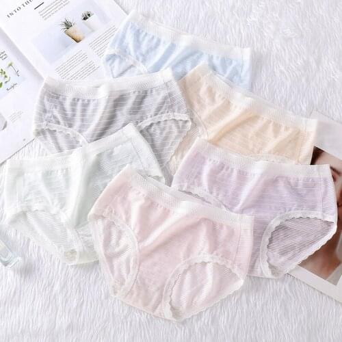 Sexy Seamless Panties Solid Color Ice Silk Lingerie semitransparent High Waist Brief Cottot Underwear For Women Girl Comfortable