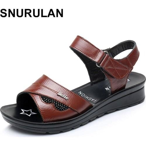 SNURULAN Women Mother Old Female Sandals Shoes Cow Genuine Leather Casual PU Hook Loop Summer Beach Cool Size 35-41 E204