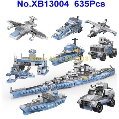 Xb13004 635pcs Military 8in1 25 Types Missouri Battleship Warship Fighter Plane Armoured Vehicle Building Blocks Toy