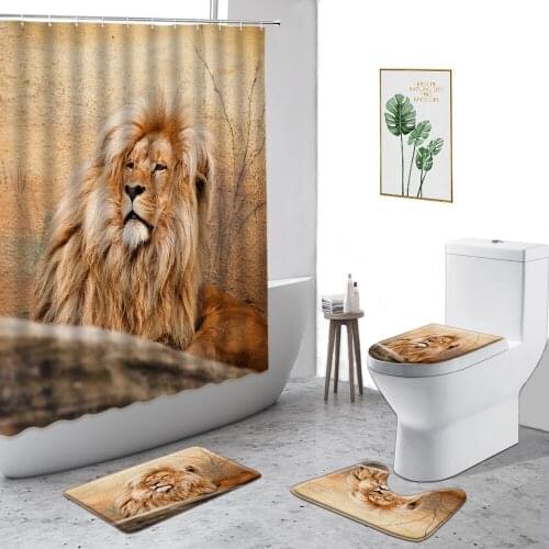 Wild Animal Shower Curtain Ferocious Lion Tiger Bear Bathroom Decoration Set With Hook Non-slip Mat Toilet Cover Bath Mat Carpet