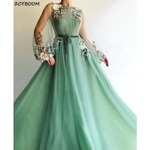 Green Prom Dresses 2021 Women Formal Party Night Elegant A-Line Appliques Tulle Vestidos De Gala Long Sleeves Long Evening Gowns