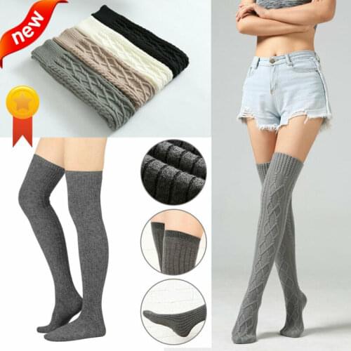 Women Winter Warm Double Diamond Knitted Wool Cable Extra Long Boot Over Knee Thigh High Stocking