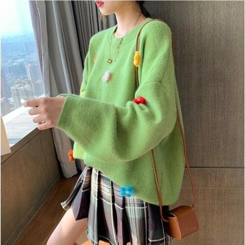 H9527 Women Pullover Autumn Winter Loose Round Collar Knitted Sweater Girl Student Fashion Casual College Long Sleeve Jumper Top