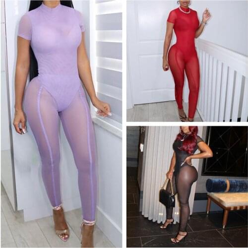 Women Sexy Two-piece Clothes Set Solid Color Short Sleeve Bodysuit and See-through Pants Purple/ Red/ Black
