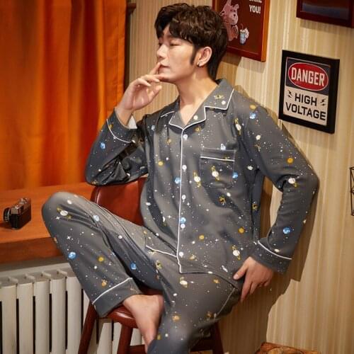 Winter Mens Pajamas Comfortable Cute Cartoon Planet Print Pajamas Cotton Home Wear Large Size Loose Warm Lounge Wear Sleepwear