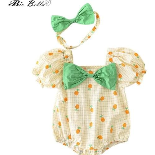 2021 Baby Summer Clothing Newborn Baby Girl Plaid Fruit Print Short Sleeve Bodysuit+Bow Hairband 2pcs Outfit Girls Clothes Set