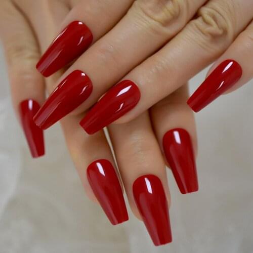 Gorgeous Red Press on Ballet False Nails Long Ruby-red Coffin Ballerina UV Fingersnails Free Adhesive Tapes 24pcs/set