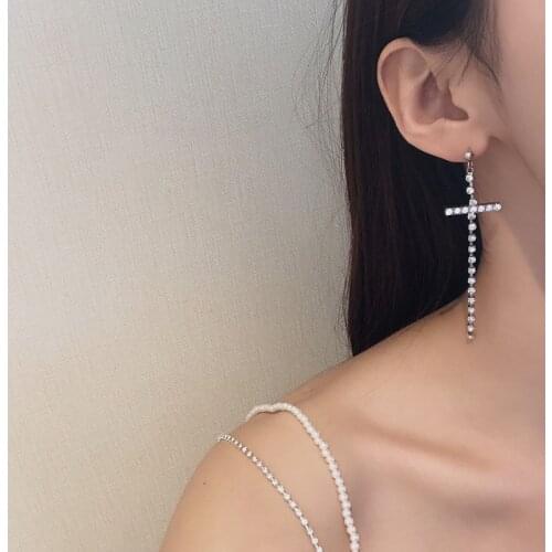 9.2 cm Korean Temperament Earrings For Women Party Silver Color Long Cross Rhinestone Tassel Clip On Earring Without Piercing