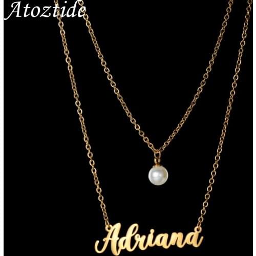 Atoztide Customized Name Necklace Pearl Fashion Stainless Steel Personalized Gold Double Layers Chain Pendant for Women Gift