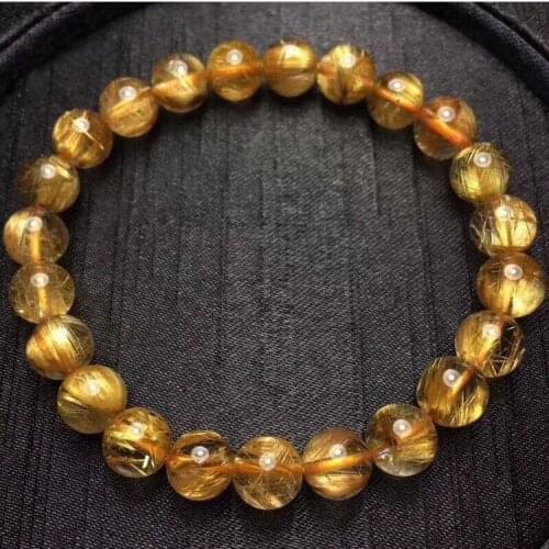 8mm Natural Gold Rutilated Quartz Titanium Stretch Crystal Beads Bracelet