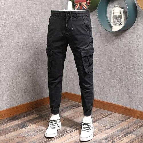 Mens Military Black Cargo Pants Men Hip Hop Streetwear Cotton Multi Pockets Drawstring Trousers