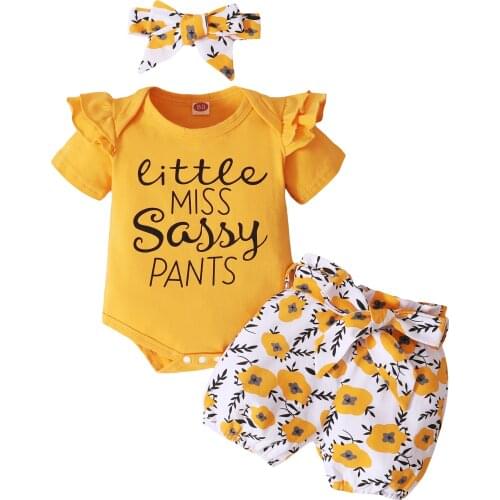 FOCUSNORM 0-18M Newborn Baby Girls Clothes Sets Letter Short Sleeve Romper Tops Flowers Shorts Headband