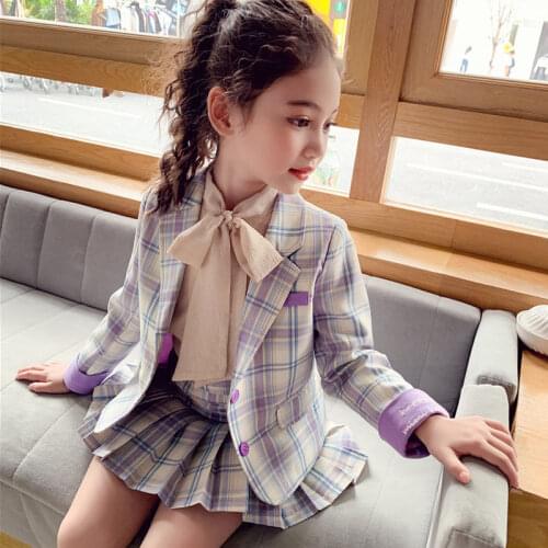 3 Pieces Girl Sets Summer New 2021 Plaid Blazer Chiffon Blouse And Mini Skirts Fashion Children Clothing Suits