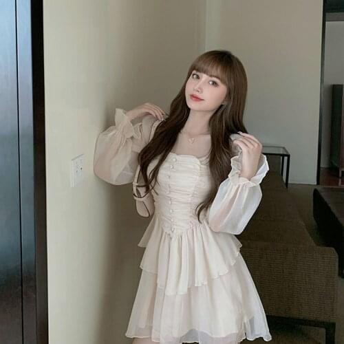 Korean Version Elegant Dress 2021 New Womens Waist Slimming Chiffon Sweet Long-sleeve Dress Fairy Temperament Dress