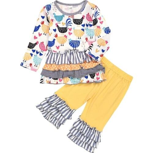 Imcute Girl’s Long-sleeved and Trousers Suit Cartoon Chick Printed Pullover T-shirt and Ruffles Stitching Long Pants