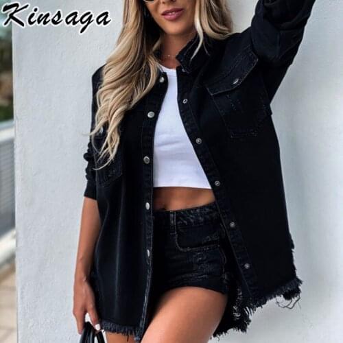 Plus Size Vintage Black Ripped Mid Long Denim Jackets Women Streetwear Long Sleeve Pockets Jeans Jacket Harajuk Loose Coat Tops