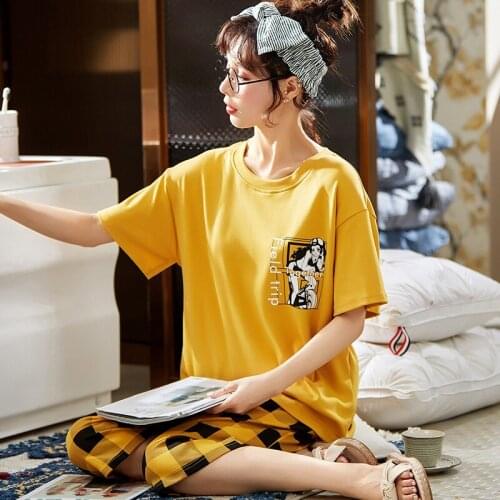 Summer Cotton Cartoon Pajama Sets Women Pyjamas Homewear Short Sleeve Cropped Trousers 2 Piece Set Ladies Night Suits Home H1353