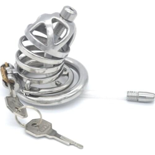 Male Stainless Steel Chastity Device Penis Cage with Silicone Catheter Anti Slip Ring Chastity Lock Cage Alternative Sex Toys