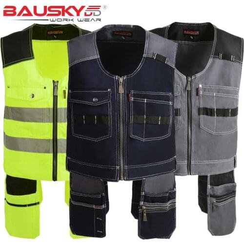 Bauskydd High Quality Men Male Female Outdoor Workwear Mens Work Vests Multifunction Tool Multi Pockets Vests Blue/Grey