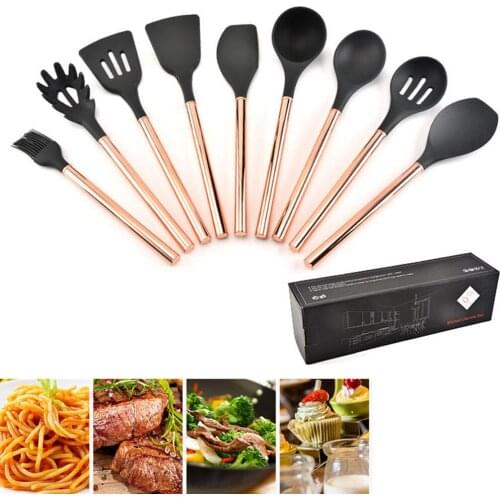 9pcs/set Silicone Kitchen Cooking Utensil Set Rose Gold Handle Pasta Spatula Slotted Spoon Spatula Skimmer Ladle Pasta Server