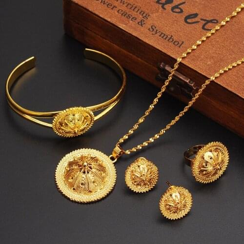 Gold Ethiopian Traditional Jewelry set Necklace Earrings bracelet men Eritrea sets for Womens Habesha Wedding bridal Best Gift