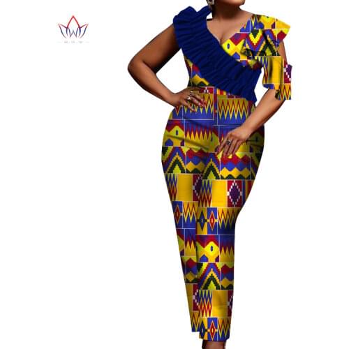 New African Design Bazin V Neck Elegant Women Rompers Jumpsuit Sleeveless Rompers Jumpsuit Long Dashiki Pants Plus Size Wy6682